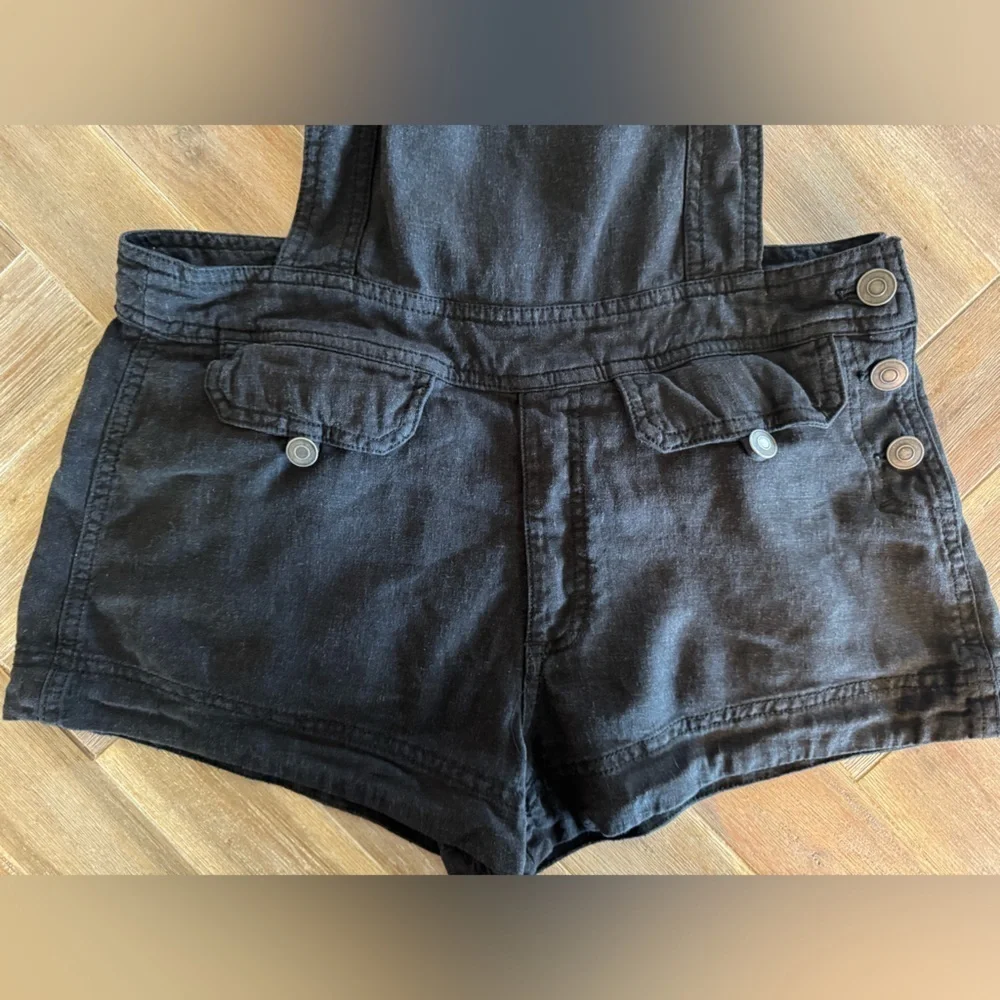 Free People Black Linen Short Overalls